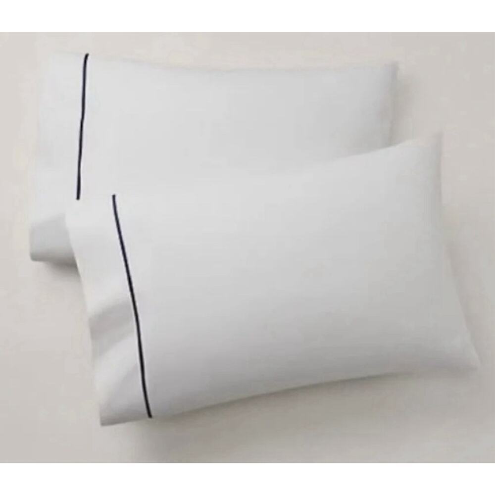 RALPH LAUREN 2 King Pillow Cases Organic Cotton Palmer Percale White Polo Navy - Picture 1 of 4